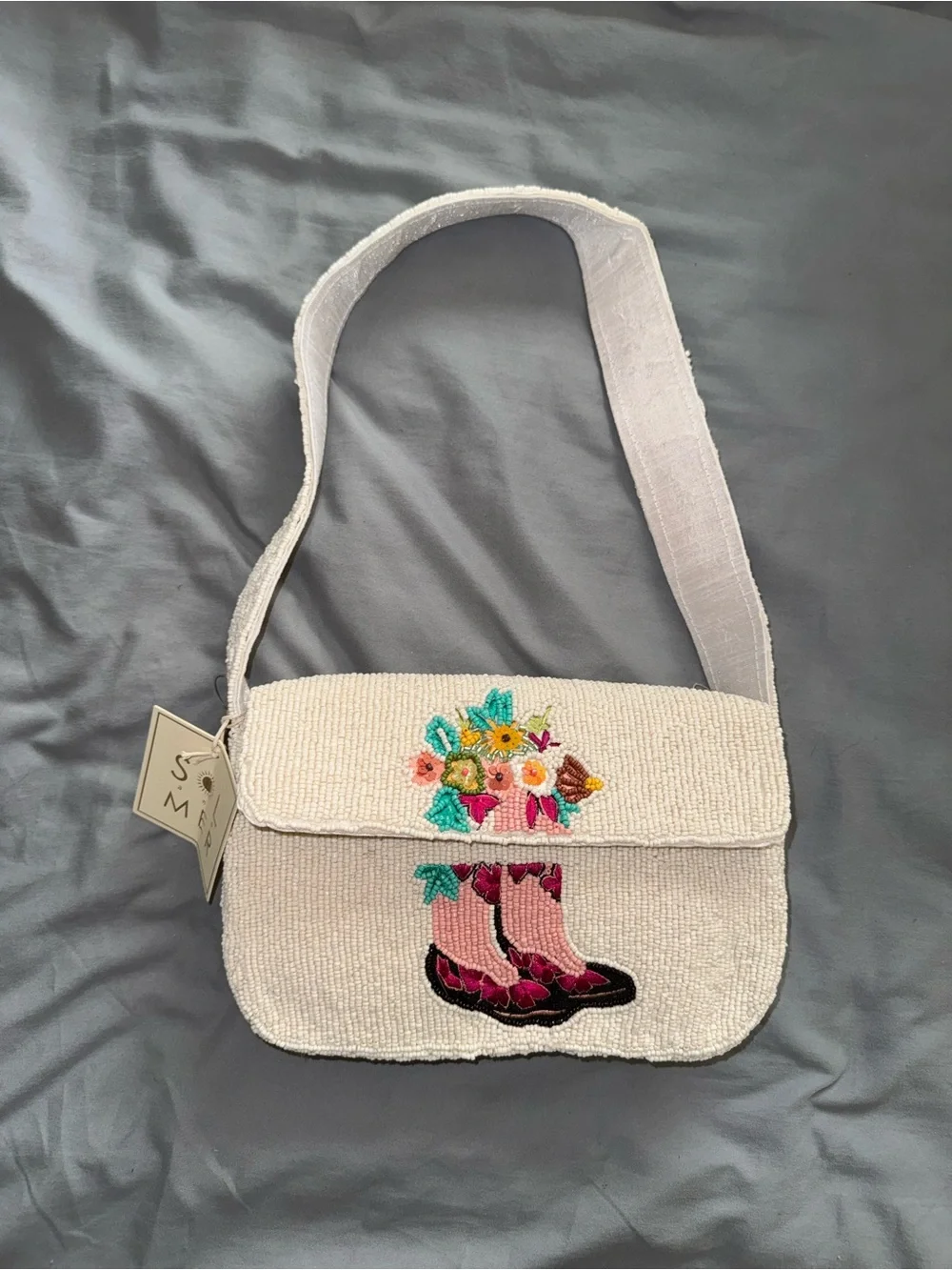 White Beaded Shoulder Bag with Boots and Flowers New with Tags